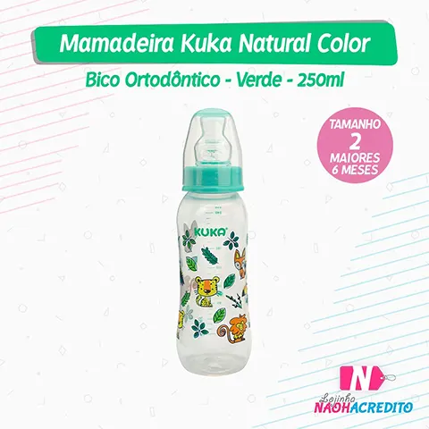 Mamadeira Kuka Natural Color - Bico Ortodôntico - Verde - T2 - 250ml - 1559